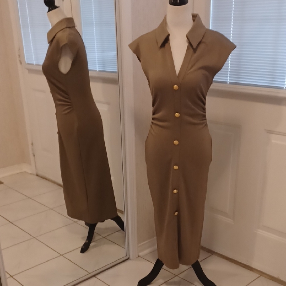 Elegant New Tan Faux Button-Down Dress - Fits Size XS